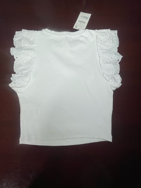 ZARA White Ribbed Eyelet Flutter Sleeve Top Size L Cottagecore Coquette Romantic - Picture 6 of 7